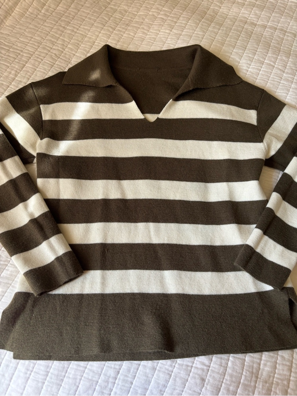 Women’s olive green and Cream Striped Collared Sweater